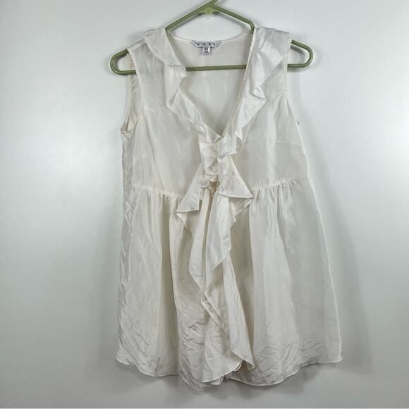Cabi White 100% Silk Ruffle V Neck Placket Button Up Blouse Summer Feminine - Picture 9 of 11